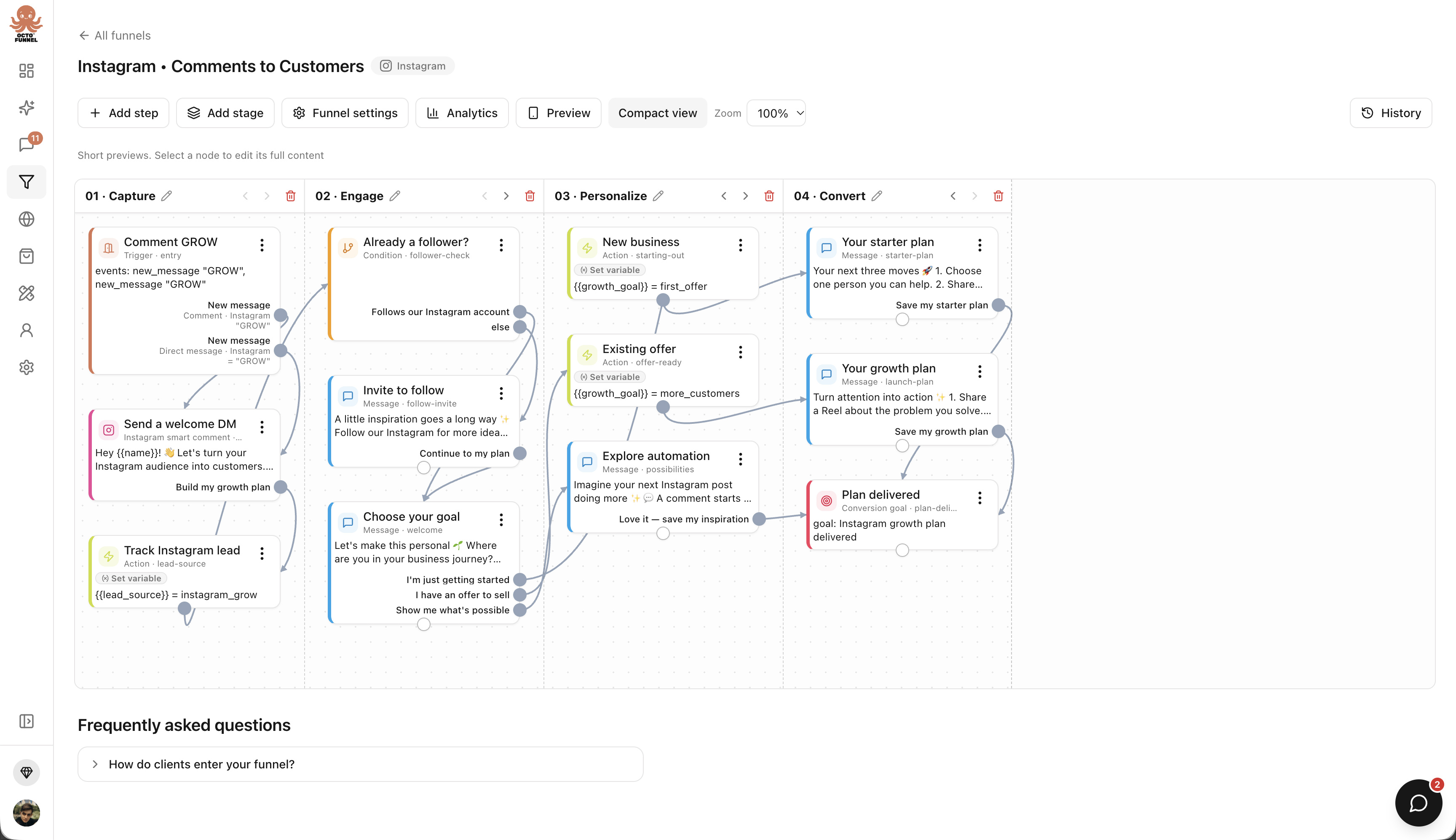 Визуальный редактор OctoFunnel с узлами событий, условий и сообщений